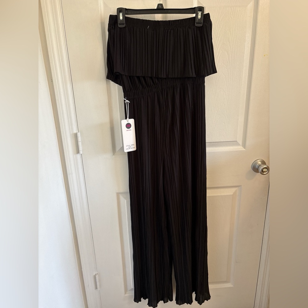 New Mix Black Pleated Off Shoulder Romper Jumpsuit Wide Leg Pants NWT